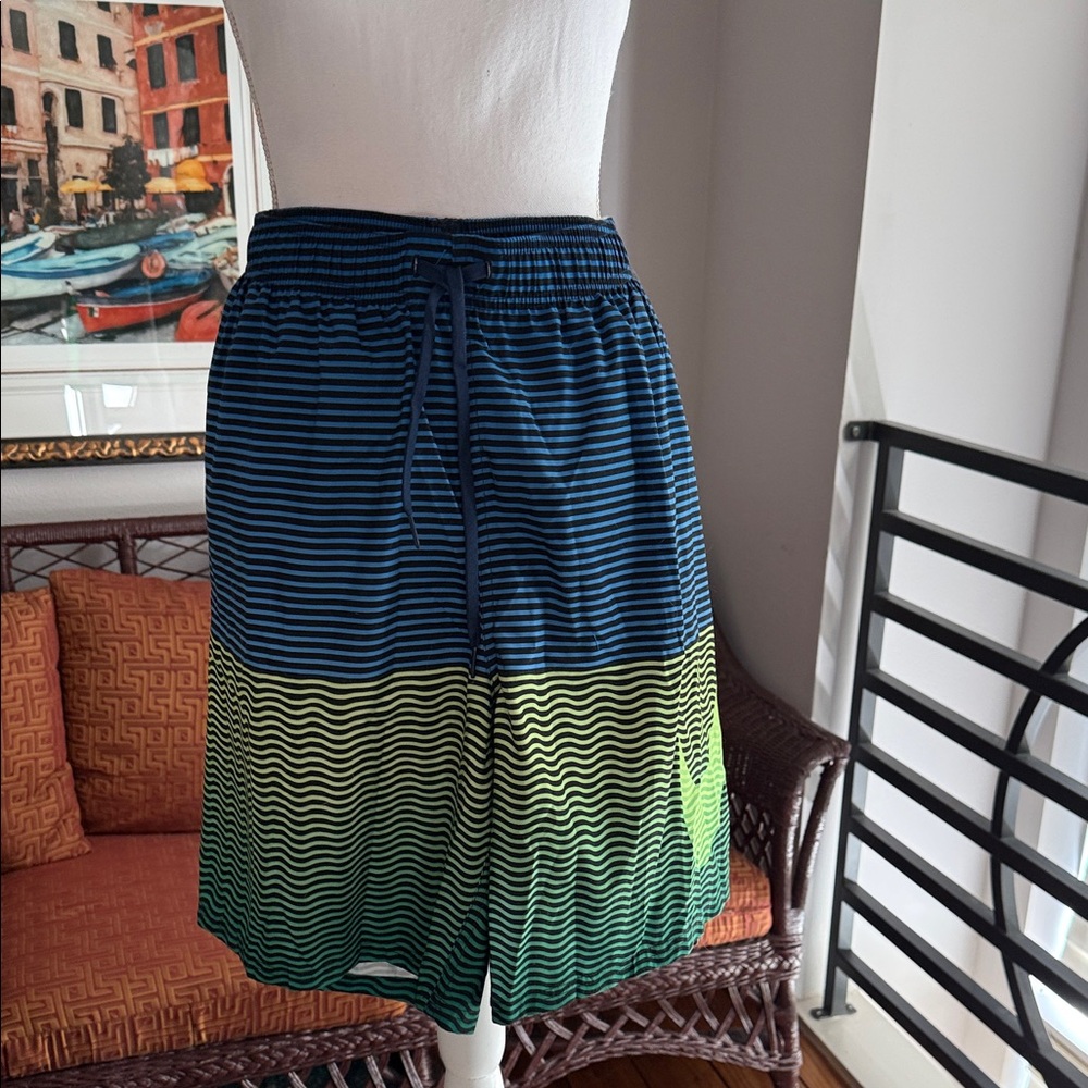 Nike Blue & Neon Green Striped Men's Swim Trunks